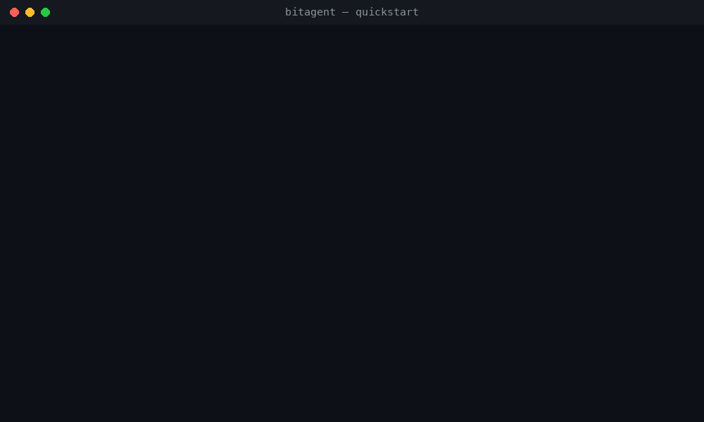 The BitAgent quickstart running: two containers start, the DHT crawler's persisted count climbs and the operator console comes up.