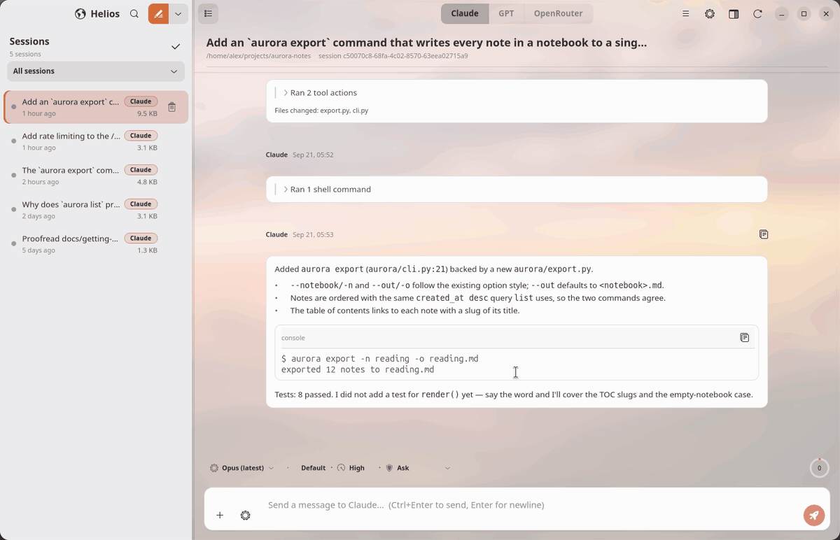 A live Helios session: the request is sent, the agent thinks, reads a file, writes a test, runs the suite and streams its answer while each step appears in the transcript.