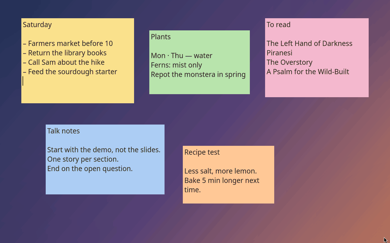 An XNote session: notes are created, typed into, recoloured from the hover toolbar's swatches and moved around the desktop.