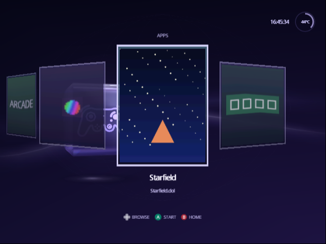 Apps: four programs as posters. Starfield, in front, fills its card with its own picture, a night sky and a triangle; beside it Pixel Painter's small icon sits in the middle of its card, Toolbox shows its Homebrew Channel banner, and Arcade, which has no picture, has a poster of its name. Starfield's name and file are underneath, and the controls read Browse, A Start, B Home.