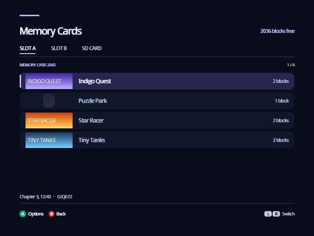 Memory Cards on Slot A: four saves, each with its banner, name and size in blocks.