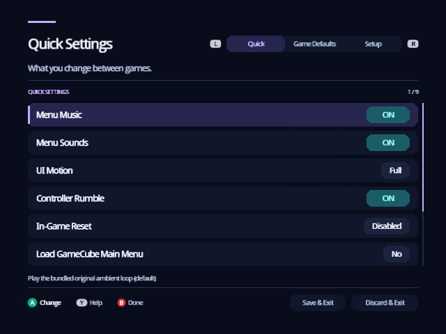 Quick Settings, the first of the three tabs.