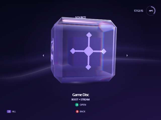 The source picker with Game Disc on the cube.