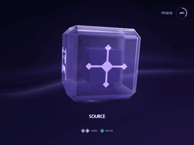 On the Source face, A shows Change Source and Refresh Library. Change Source shows Game Disc, Boot + Stream, on the cube; Right shows Memory Card Slot A, Files Ready; Z shows every device, so Right reaches Memory Card Slot B, Not Detected; B goes back.