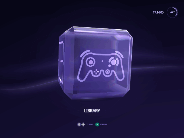 The Indigo Home screen: a glass cube turning between its Library, Source, Settings and System faces, with the face you are on named underneath.