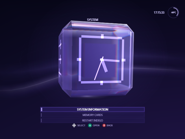 The System face with System Information, Memory Cards and Restart Indigo below the cube.